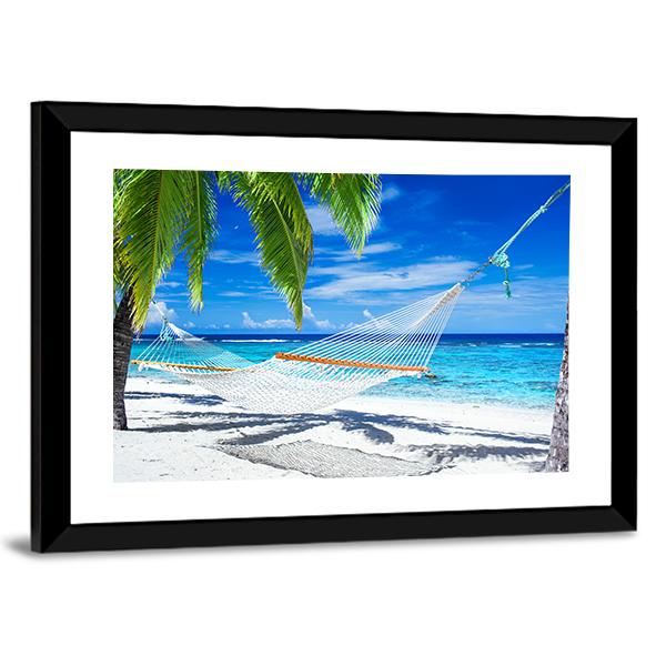White Hammock On Beach Canvas Wall Art-3 Horizontal-Gallery Wrap-25" x 16"-Tiaracle