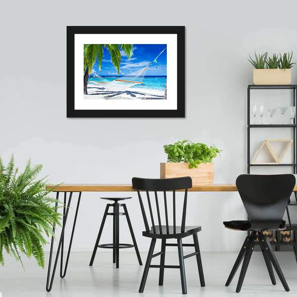 White Hammock On Beach Canvas Wall Art-3 Horizontal-Gallery Wrap-25" x 16"-Tiaracle