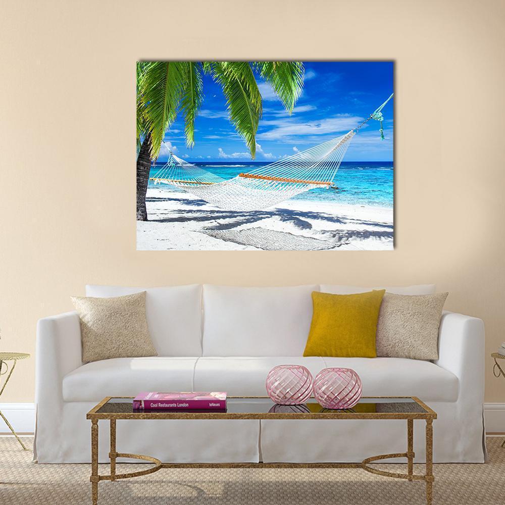 White Hammock On Beach Canvas Wall Art-1 Piece-Gallery Wrap-48" x 32"-Tiaracle