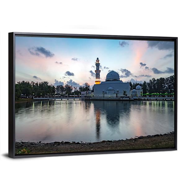 White Mosque By The Lakeside Canvas Wall Art-3 Horizontal-Gallery Wrap-25" x 16"-Tiaracle