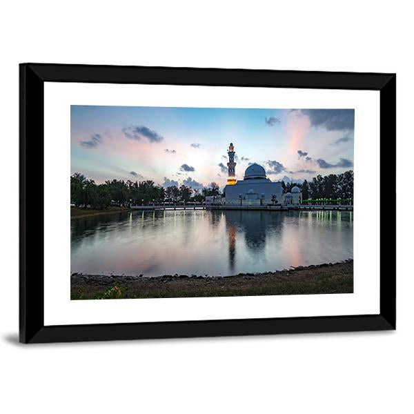 White Mosque By The Lakeside Canvas Wall Art-3 Horizontal-Gallery Wrap-25" x 16"-Tiaracle