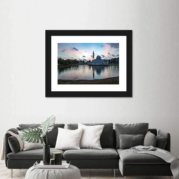 White Mosque By The Lakeside Canvas Wall Art-3 Horizontal-Gallery Wrap-25" x 16"-Tiaracle