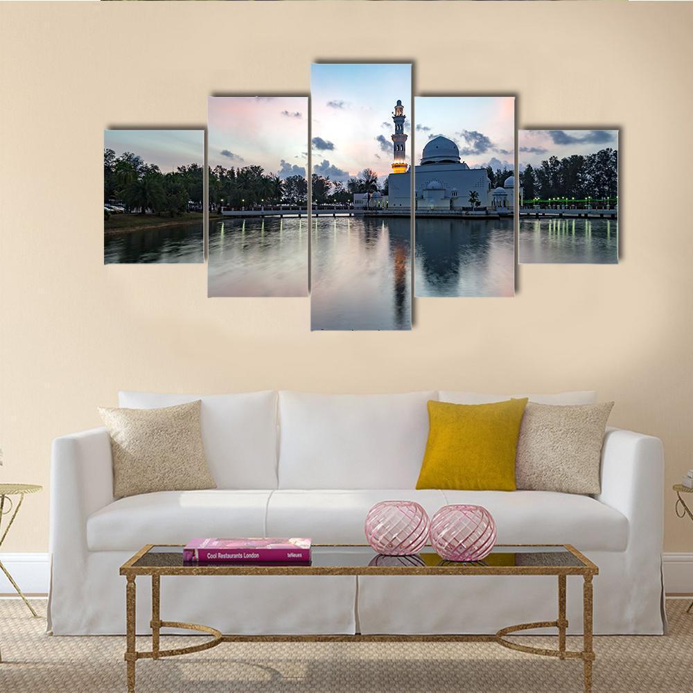 White Mosque By The Lakeside Canvas Wall Art-5 Star-Gallery Wrap-62" x 32"-Tiaracle