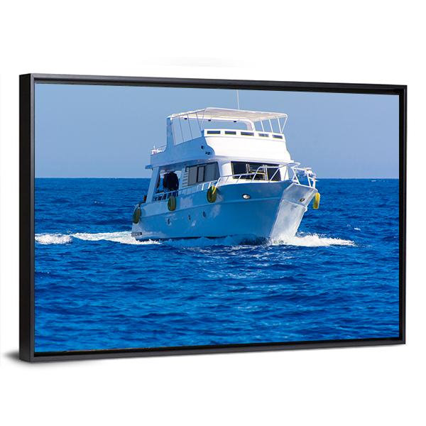 White Motor Yacht In The Sea Canvas Wall Art-3 Horizontal-Gallery Wrap-25" x 16"-Tiaracle