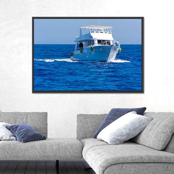 White Motor Yacht In The Sea Canvas Wall Art-3 Horizontal-Gallery Wrap-25" x 16"-Tiaracle