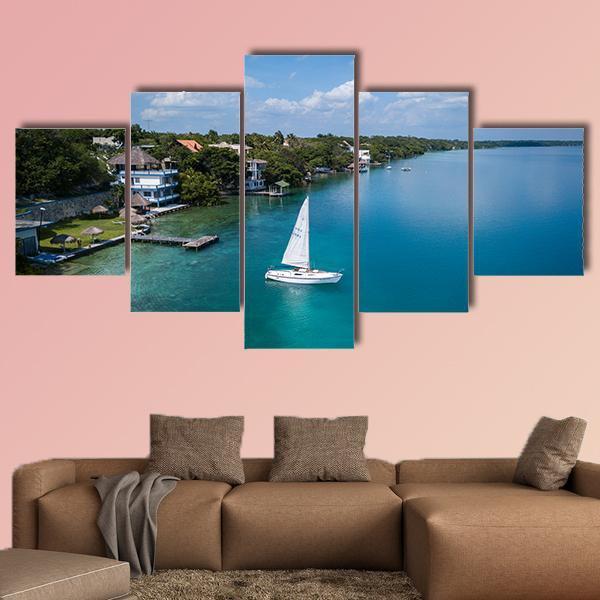 White Sailing Yacht In Mexico Canvas Wall Art-5 Star-Gallery Wrap-62" x 32"-Tiaracle