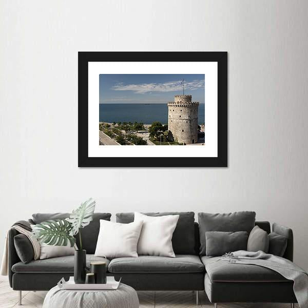 White Tower And Seaside Of Thessaloniki Canvas Wall Art-3 Horizontal-Gallery Wrap-25" x 16"-Tiaracle