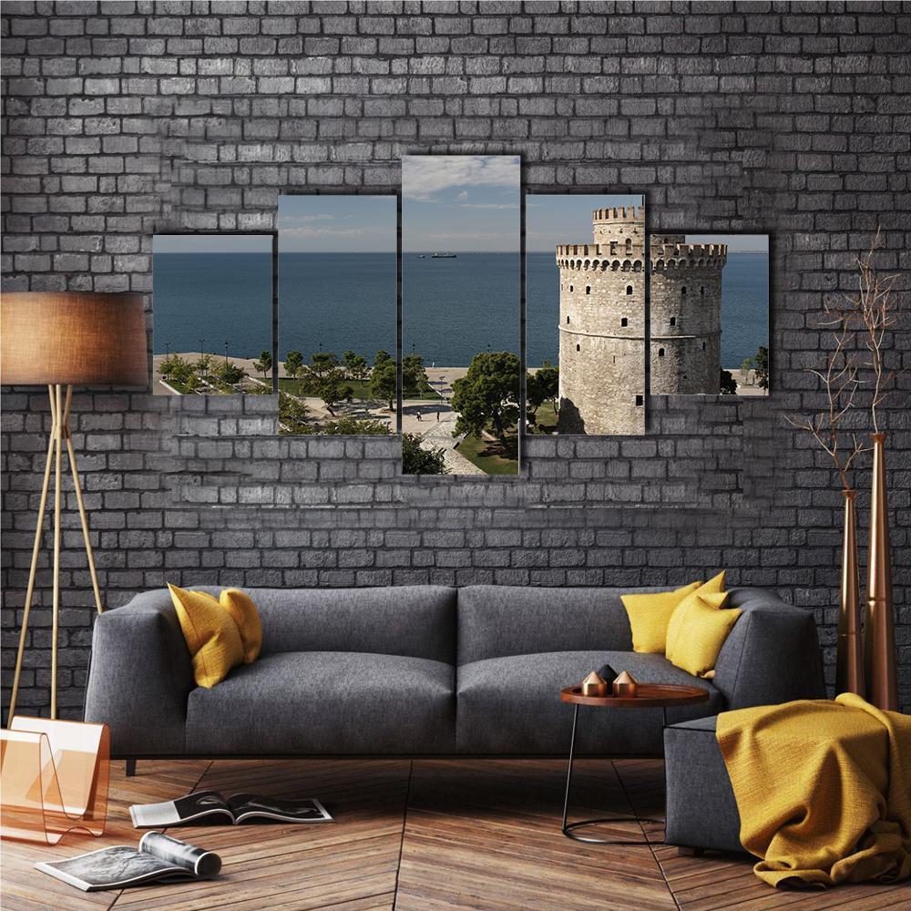 White Tower And Seaside Of Thessaloniki Canvas Wall Art-5 Star-Gallery Wrap-62" x 32"-Tiaracle