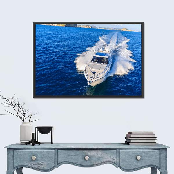 White Yacht In Ocean Canvas Wall Art-1 Piece-Floating Frame-24" x 16"-Tiaracle