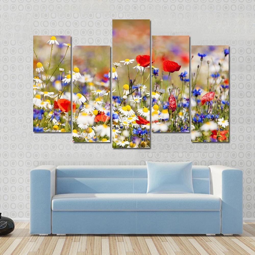 Wild Flowers On The Meadow At Spring Time Canvas Wall Art-5 Pop-Gallery Wrap-47" x 32"-Tiaracle