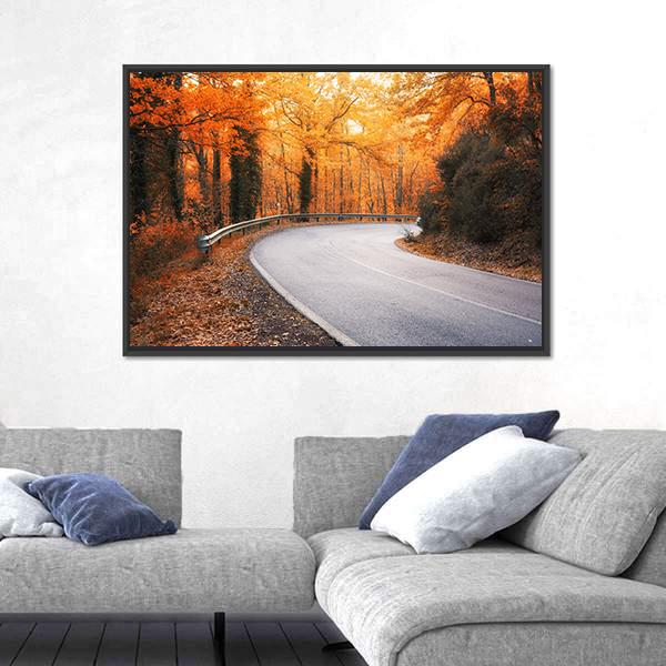 Winding Asphalt Road Curves Through Autumn Trees Canvas Wall Art-3 Horizontal-Gallery Wrap-25" x 16"-Tiaracle