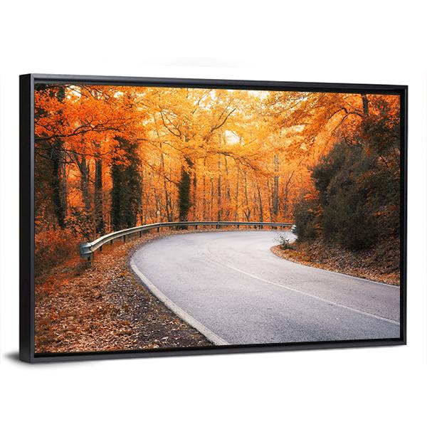 Winding Asphalt Road Curves Through Autumn Trees Canvas Wall Art-5 Horizontal-Gallery Wrap-22" x 12"-Tiaracle