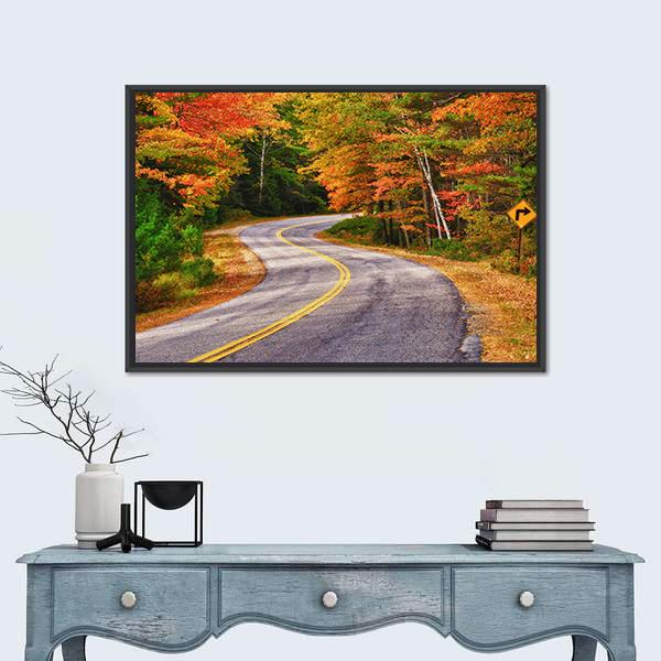 Winding Road Curves Through Autumn Trees Canvas Wall Art-1 Piece-Floating Frame-24" x 16"-Tiaracle