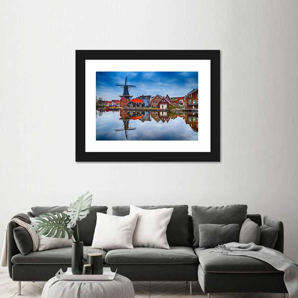 Windmill And Traditional Houses In Haarlem Canvas Wall Art-3 Horizontal-Gallery Wrap-25" x 16"-Tiaracle