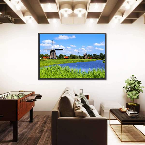 Windmills Along A Canal Near Alkmaar Canvas Wall Art-3 Horizontal-Gallery Wrap-25" x 16"-Tiaracle