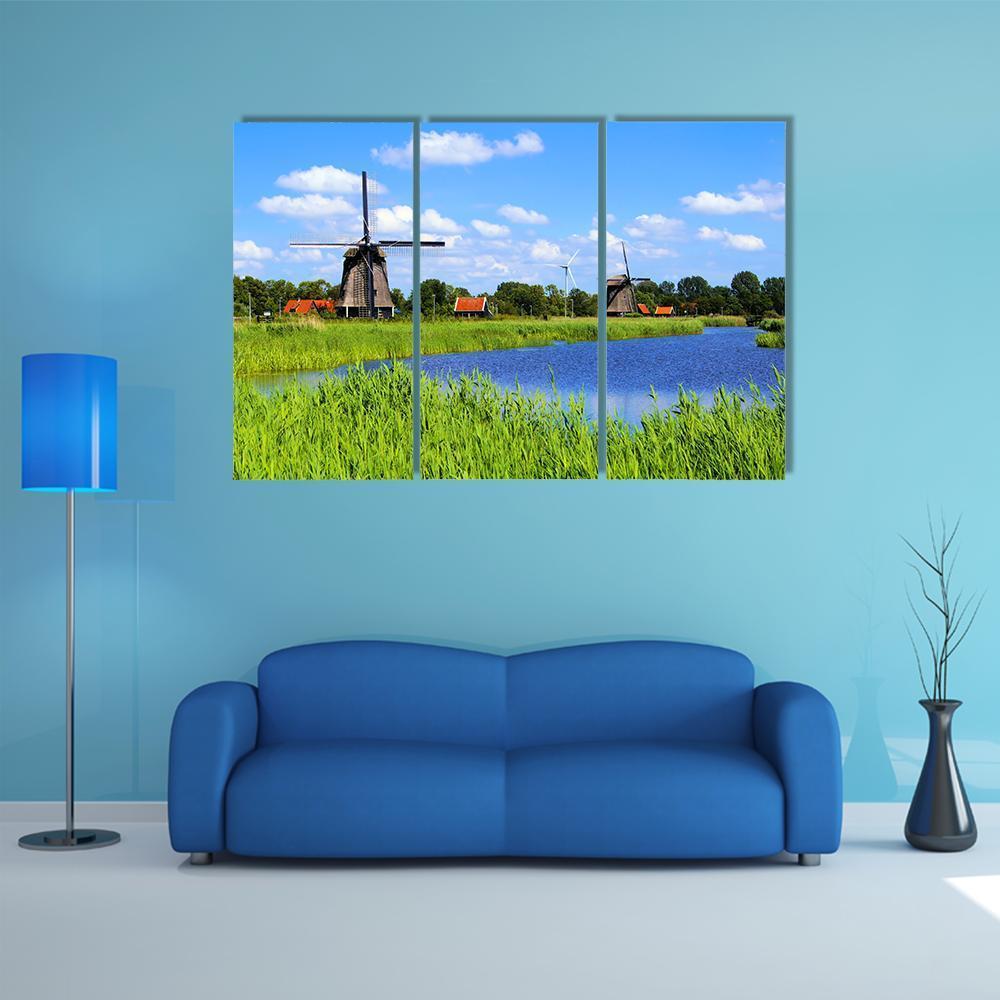 Windmills Along A Canal Near Alkmaar Canvas Wall Art-3 Horizontal-Gallery Wrap-37" x 24"-Tiaracle