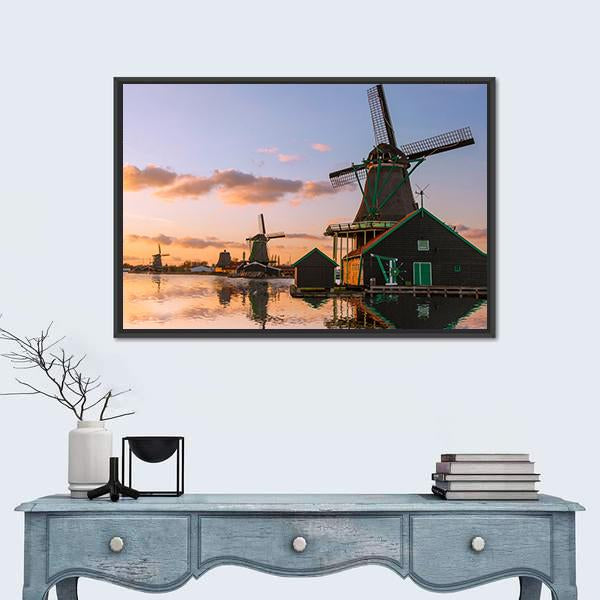 Windmills With Canal Near Amsterdam Canvas Wall Art-1 Piece-Floating Frame-24" x 16"-Tiaracle
