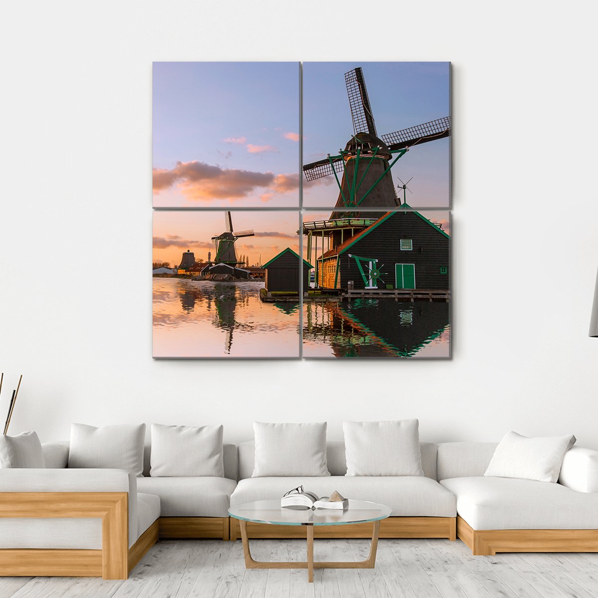 Windmills With Canal Near Amsterdam Canvas Wall Art-4 Square-Gallery Wrap-17" x 17"-Tiaracle
