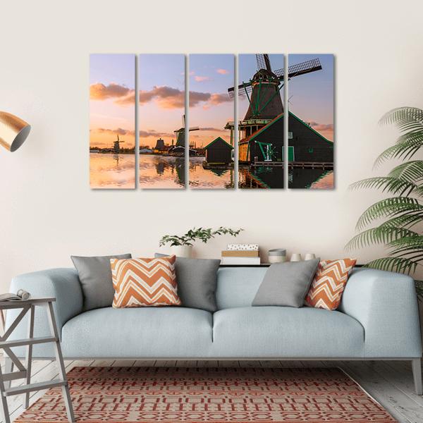 Windmills With Canal Near Amsterdam Canvas Wall Art-5 Horizontal-Gallery Wrap-22" x 12"-Tiaracle