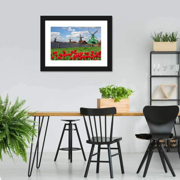 Windmills With Red Tulips Canvas Wall Art-5 Horizontal-Gallery Wrap-22" x 12"-Tiaracle