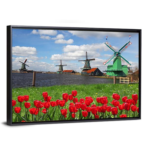 Windmills With Red Tulips Canvas Wall Art-5 Horizontal-Gallery Wrap-22" x 12"-Tiaracle