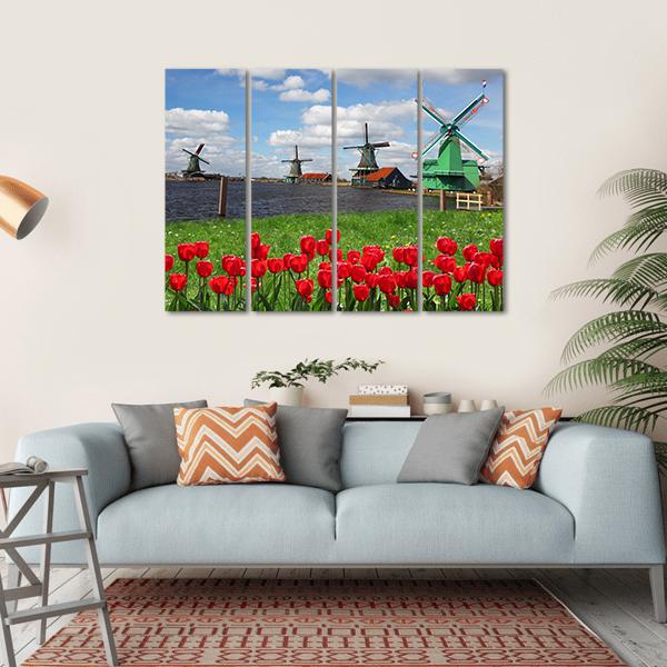 Windmills With Red Tulips Canvas Wall Art-4 Horizontal-Gallery Wrap-34" x 24"-Tiaracle