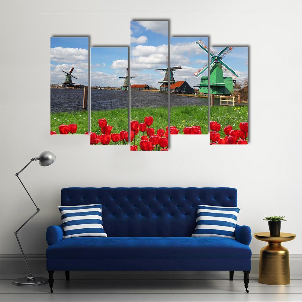 Windmills With Red Tulips Canvas Wall Art-5 Pop-Gallery Wrap-47" x 32"-Tiaracle