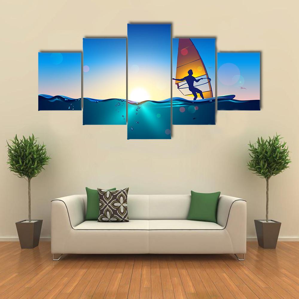 Windsurfing On Sea Landscape Canvas Wall Art-5 Star-Gallery Wrap-62" x 32"-Tiaracle
