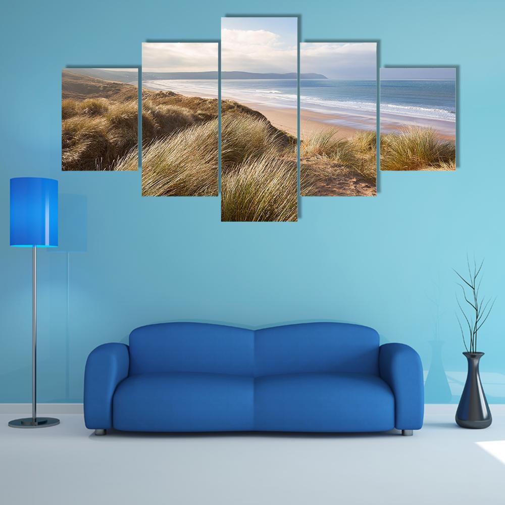Windswept Grass On Sand Dunes Canvas Wall Art-5 Star-Gallery Wrap-62" x 32"-Tiaracle