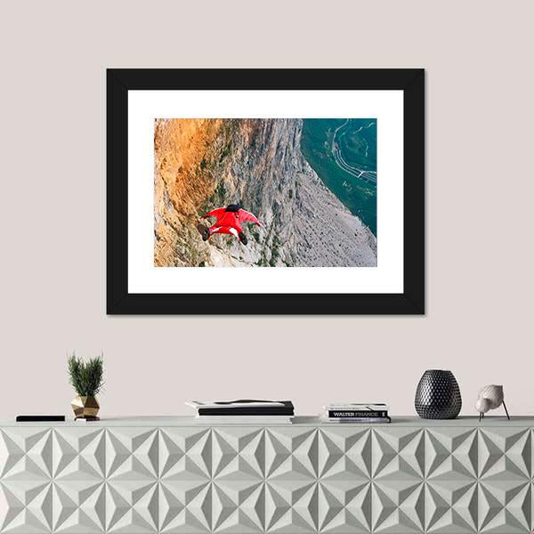 Wingsuit Base Jumper Jumps Off A Cliff Canvas Wall Art-1 Piece-Framed Print-20" x 16"-Tiaracle