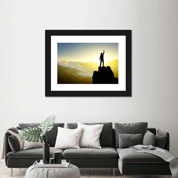Winner Silhouette On Mountain Top After Success Canvas Wall Art-3 Horizontal-Gallery Wrap-25" x 16"-Tiaracle