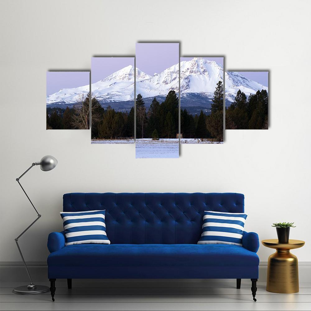 Three Sisters Mountains In Winter Canvas Wall Art-5 Star-Gallery Wrap-62" x 32"-Tiaracle