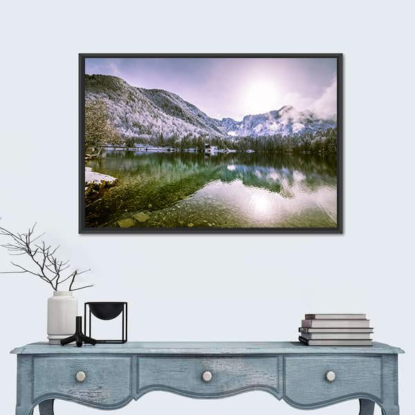 Winter At A Lake In The Italian Alps Canvas Wall Art-1 Piece-Floating Frame-24" x 16"-Tiaracle