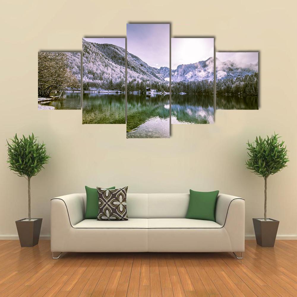 Winter At A Lake In The Italian Alps Canvas Wall Art-5 Star-Gallery Wrap-62" x 32"-Tiaracle