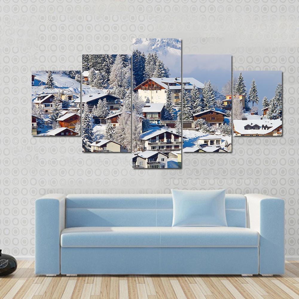 Winter Holiday Houses In Swiss Alps Switzerland Canvas Wall Art-5 Star-Gallery Wrap-62" x 32"-Tiaracle