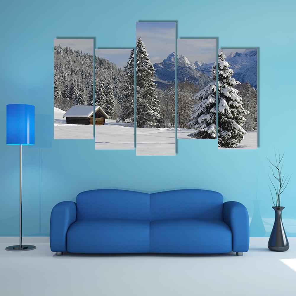 Winter Landscape At Alp Mountains Canvas Wall Art-5 Pop-Gallery Wrap-47" x 32"-Tiaracle