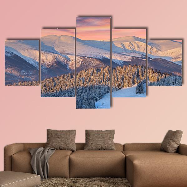 Winter Landscape In Mountain Canvas Wall Art-5 Star-Gallery Wrap-62" x 32"-Tiaracle