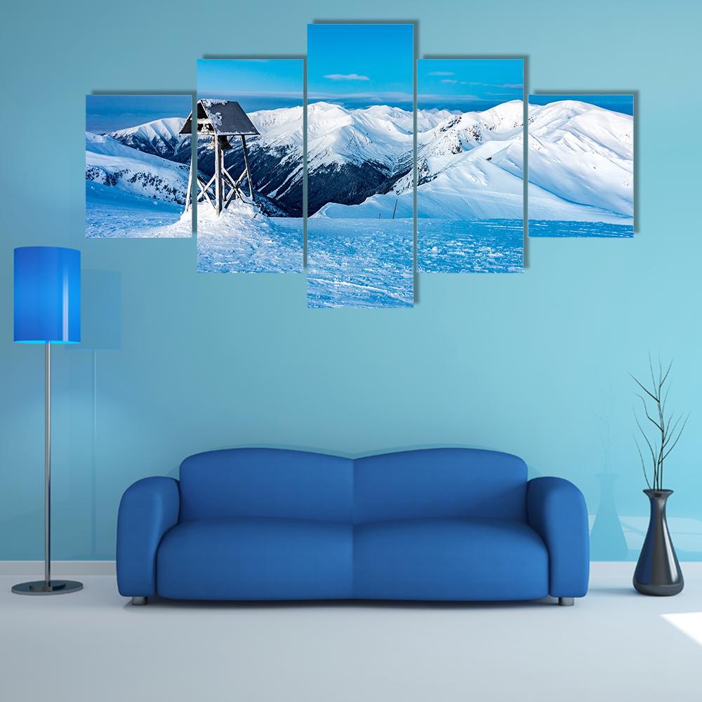Winter Landscape In Snowy Mountains Canvas Wall Art-5 Star-Gallery Wrap-62" x 32"-Tiaracle