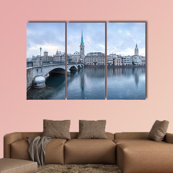 Winter Landscape Of Zurich With Lake Canvas Wall Art-3 Horizontal-Gallery Wrap-37" x 24"-Tiaracle