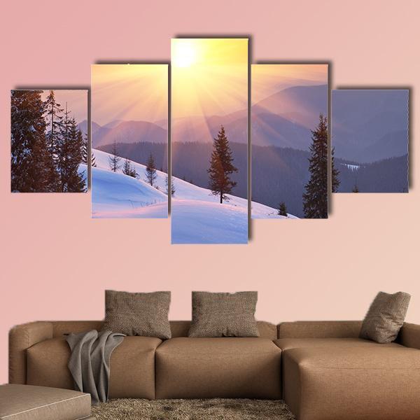Winter Landscape On A Sunset In Ukraine Canvas Wall Art-5 Star-Gallery Wrap-62" x 32"-Tiaracle