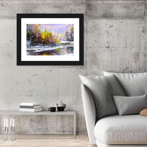 Winter Landscape With Wood River Canvas Wall Art-5 Horizontal-Gallery Wrap-22" x 12"-Tiaracle