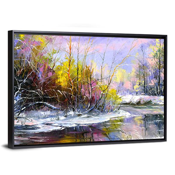 Winter Landscape With Wood River Canvas Wall Art-5 Horizontal-Gallery Wrap-22" x 12"-Tiaracle