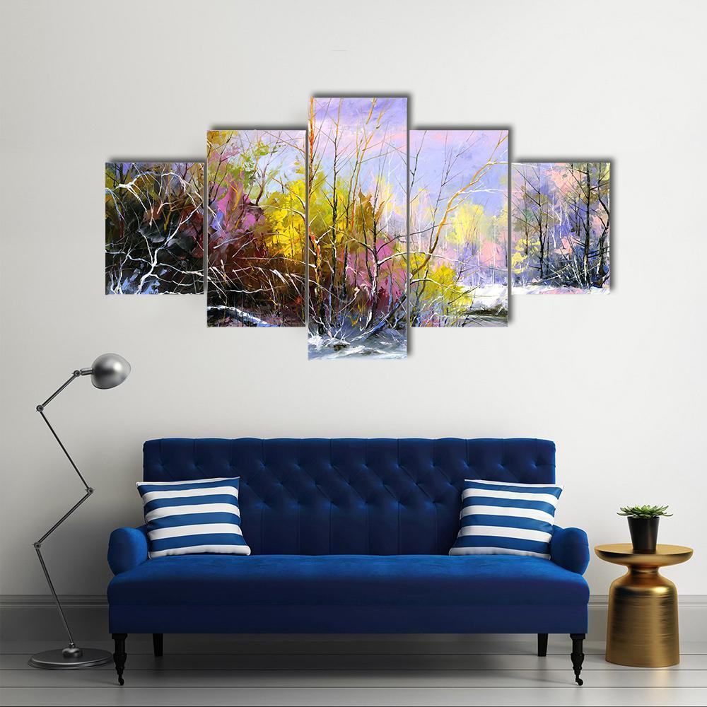 Winter Landscape With Wood River Canvas Wall Art-5 Star-Gallery Wrap-62" x 32"-Tiaracle