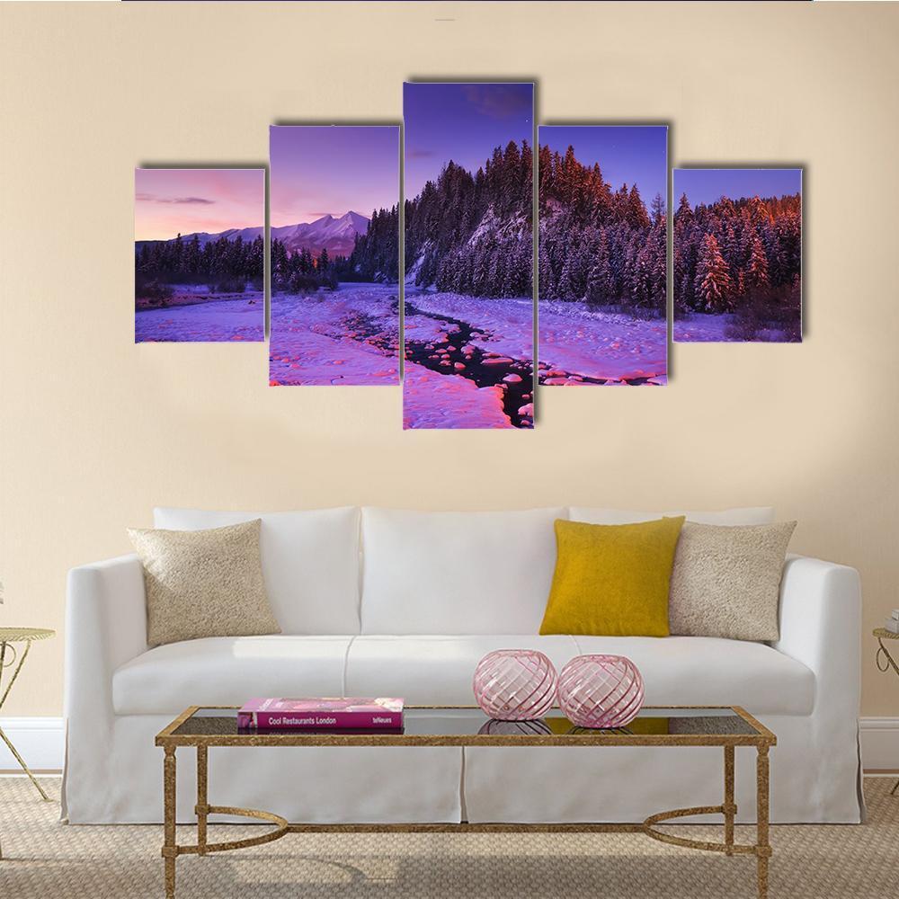 Winter Night Landscape Canvas Wall Art-5 Star-Gallery Wrap-62" x 32"-Tiaracle