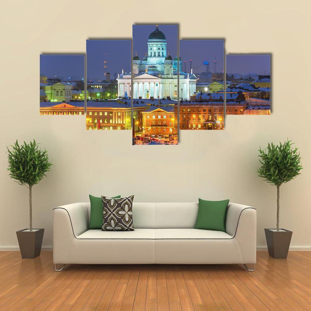 Winter Night Scenery In Helsinki Canvas Wall Art-5 Star-Gallery Wrap-62" x 32"-Tiaracle