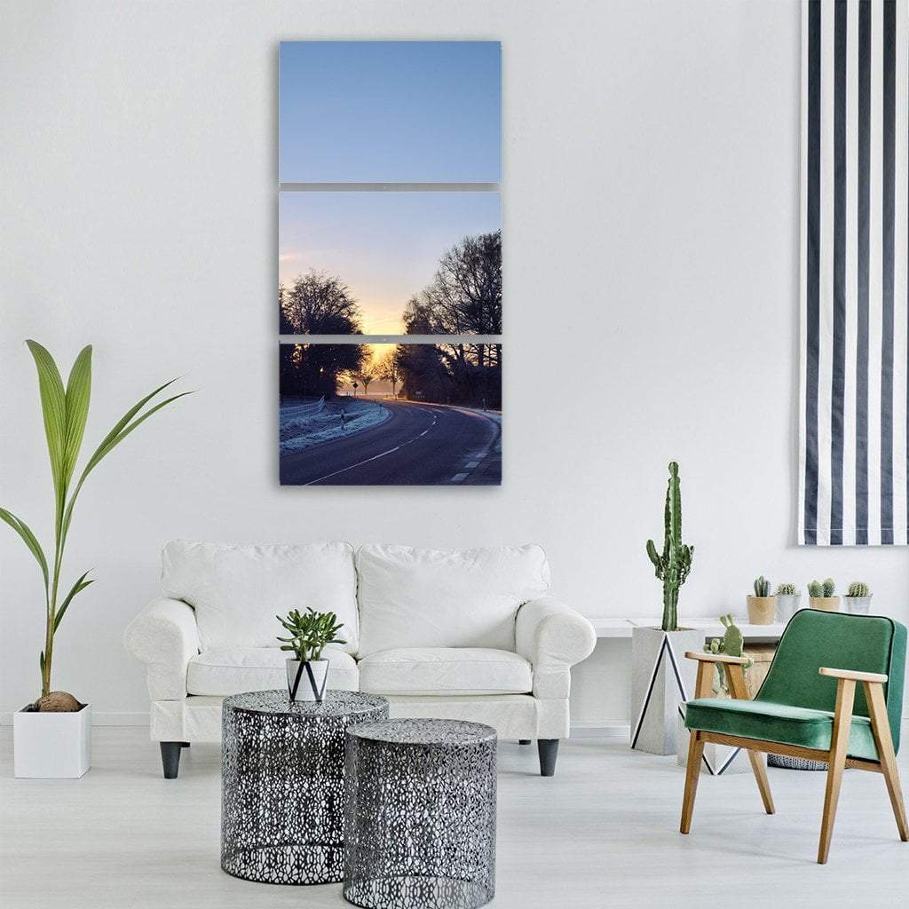 Winter Road In Morning Sun Vertical Canvas Wall Art-3 Vertical-Gallery Wrap-12" x 25"-Tiaracle