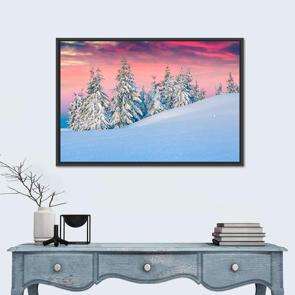 Winter Scene In The Snowy Mountains Canvas Wall Art-1 Piece-Floating Frame-24" x 16"-Tiaracle