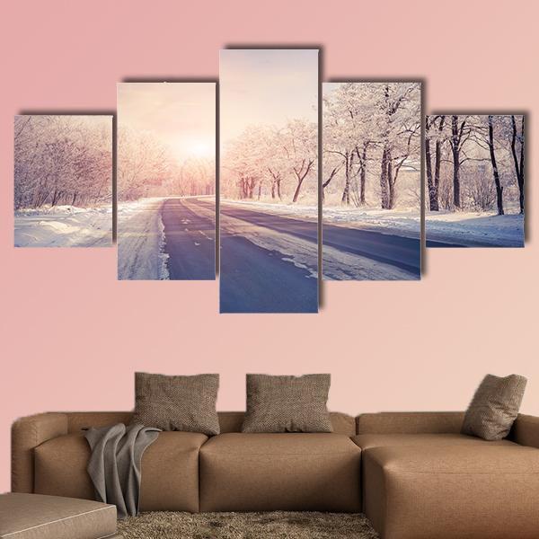 Winter Sunrise On The Highway Canvas Wall Art-5 Star-Gallery Wrap-62" x 32"-Tiaracle