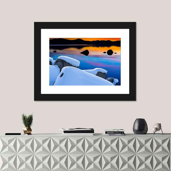 Winter View Of Lake Tahoe At Sunrise Canvas Wall Art-1 Piece-Framed Print-20" x 16"-Tiaracle