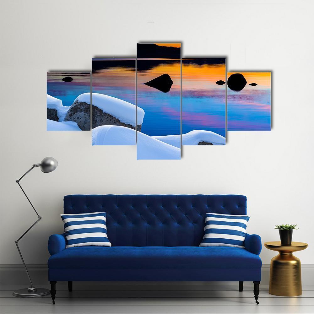 Winter View Of Lake Tahoe At Sunrise Canvas Wall Art-5 Star-Gallery Wrap-62" x 32"-Tiaracle
